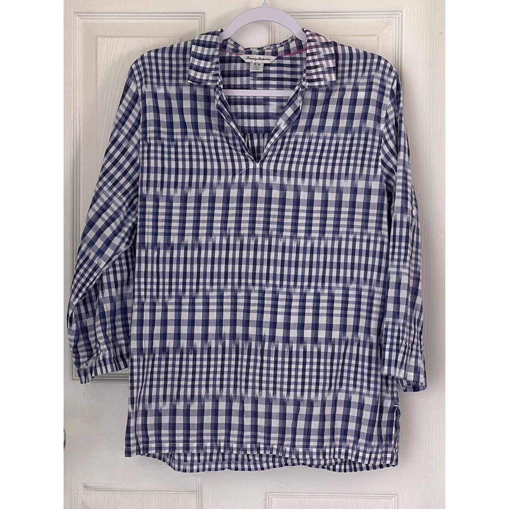 Tommy Bahama Navy White Gingham Cotton Roll Tab Sleeve Top Medium